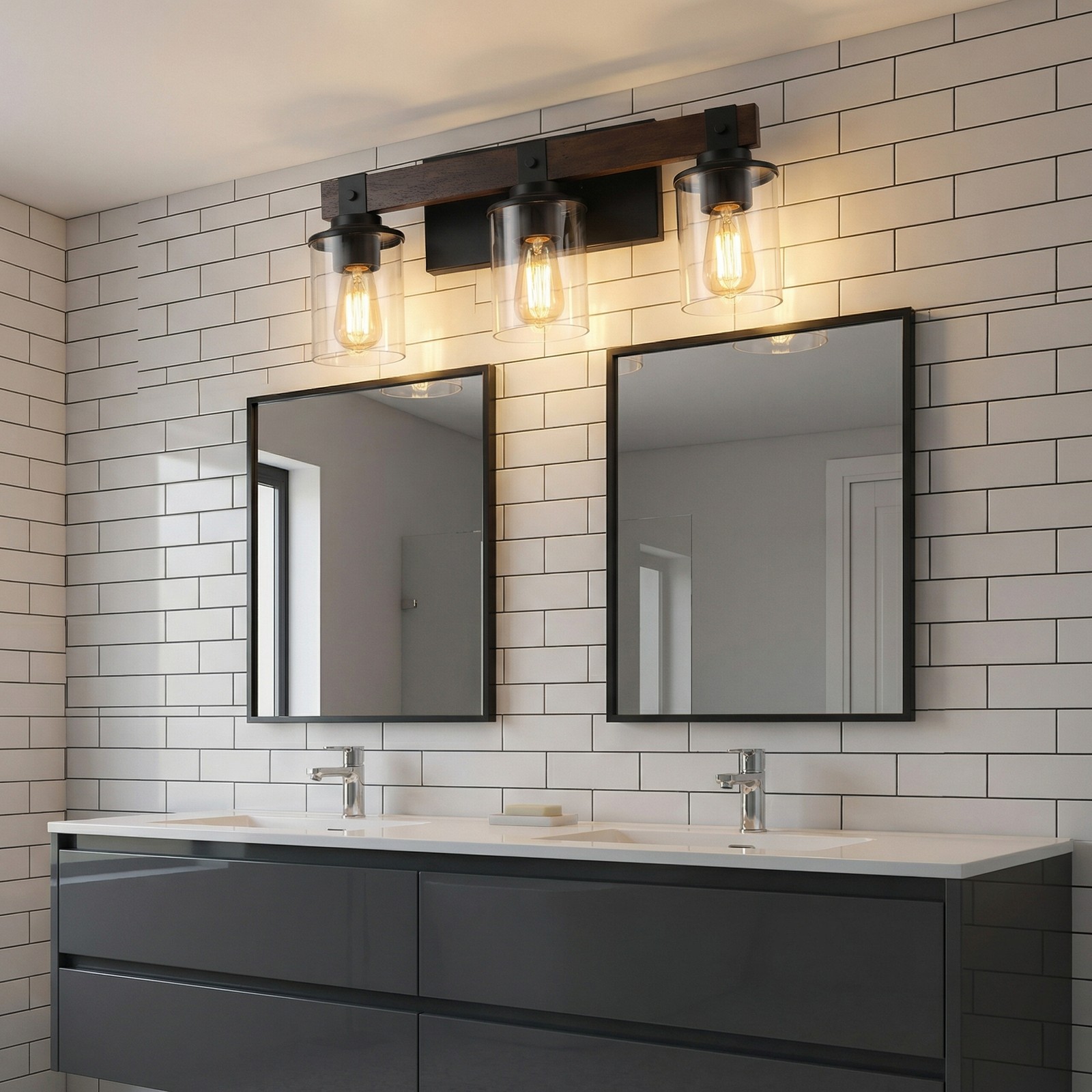 19" Vintage Vanity Light Bathroom Mirror Wall Lamp 3 Lights Rustic Wood Fixture