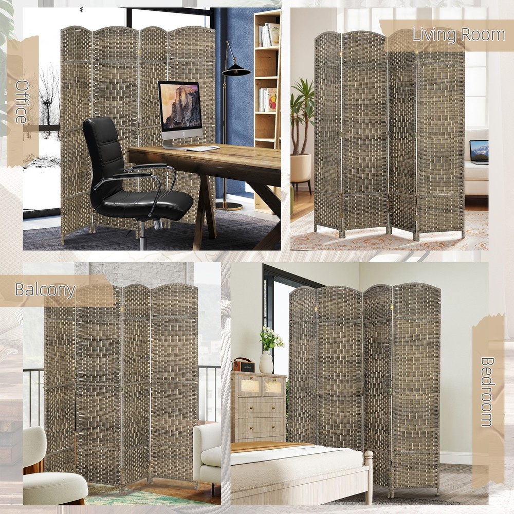 4 Panel Room Divider Woven Freestanding Partition Brown