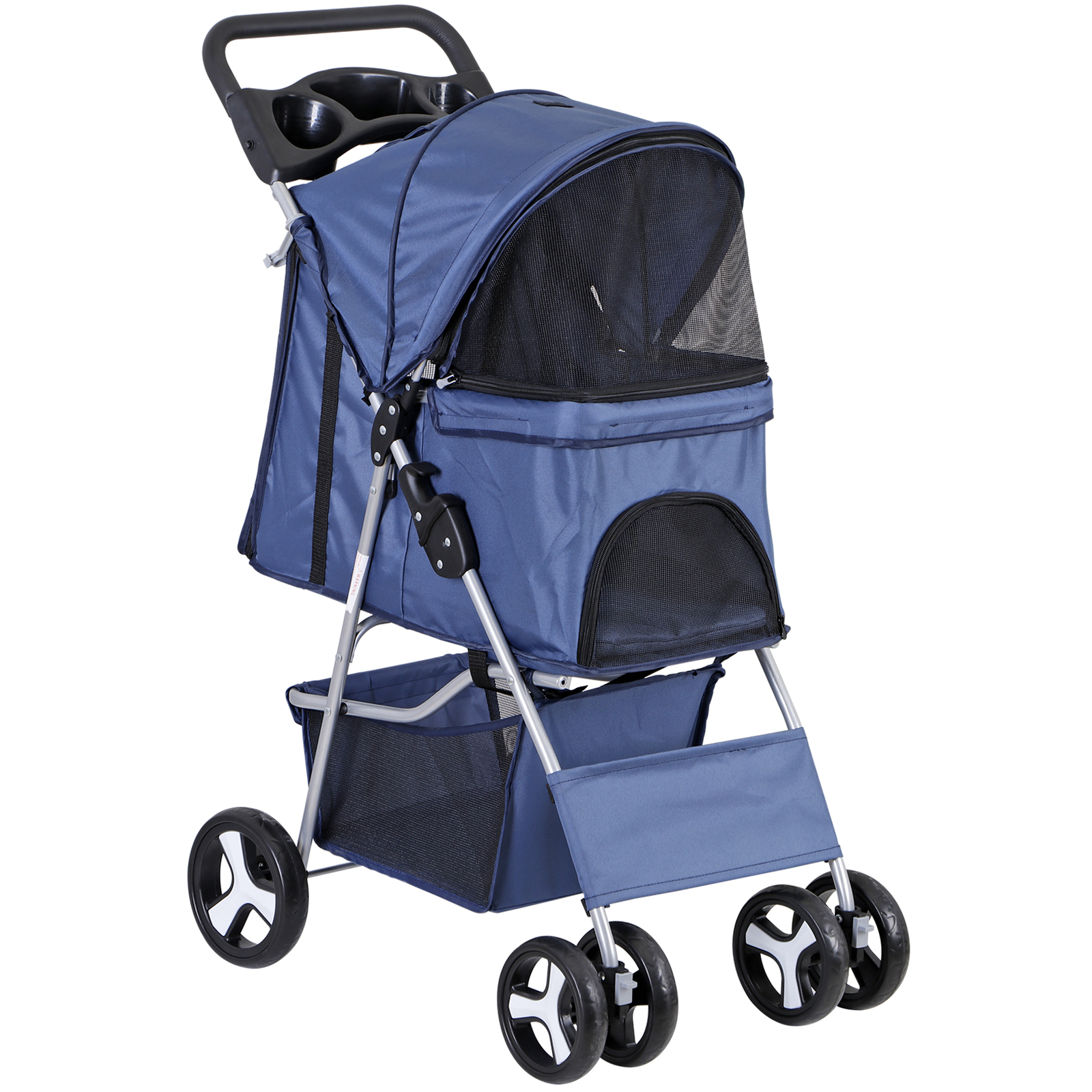 4 Wheels Blue Pet Stroller with Cup Holder, Breathable Mesh for S/M Dog Cat
