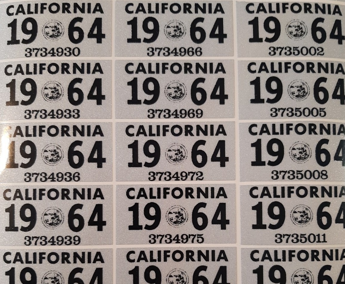 1964 California License Plate Registration Sticker, YOM, CA DMV