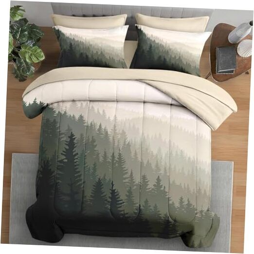 Comforter Set Size, Mountain Pine Tree 7 Pcs Bedding for Queen Natural Forest