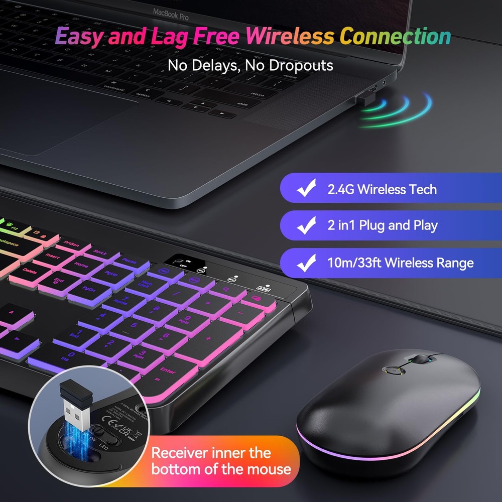 Backlit 2.4G Wireless Keyboard and Mouse Combo Full Size Rechargeable