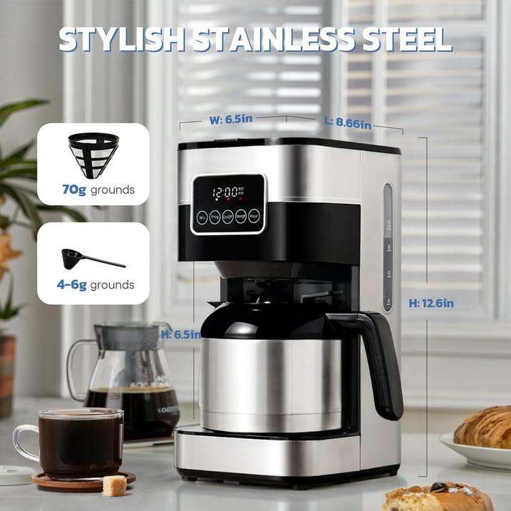 8-Cup Coffee Maker Black Programmable with Thermal Carafe, Touch Screen Timer