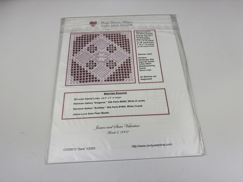 Cindy Valentine Designs Sara Sampler Hardanger Needlepoint Pattern 7S