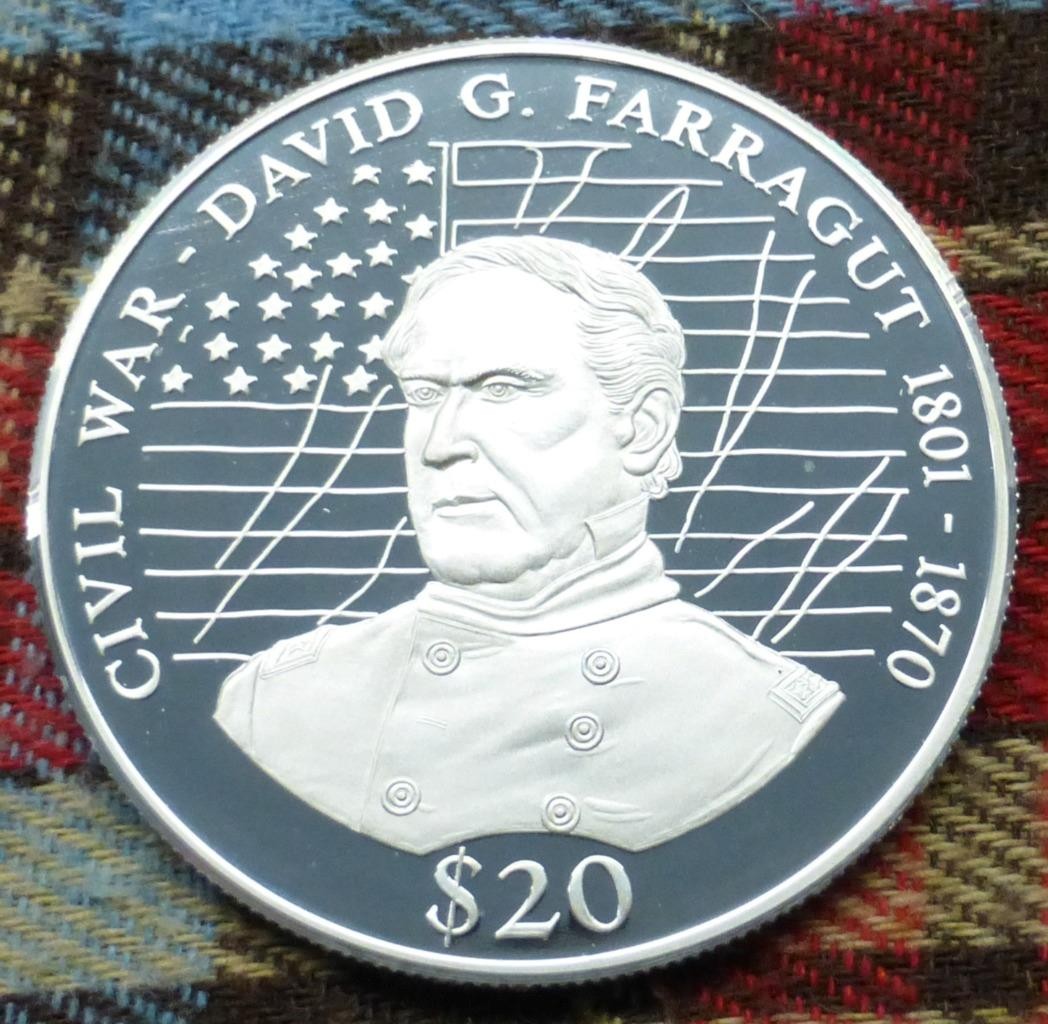 .999 Fine Silver 2000 U.S. Civil War David G. Farragut Liberia $20 Coin, 20g
