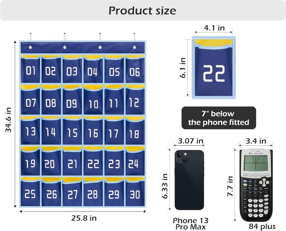 Classroom Cell Phone Calculator Holder Numbered 30 Pockets Chart Hanging Wall...