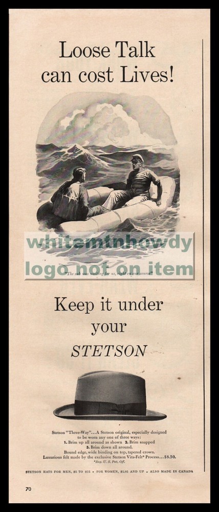 1943 WWII Keep it Under Your STETSON hat AD Loose Talk Sailors in Life Raft