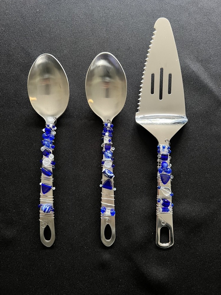 Fancy Serving Spoons (2)  & Pie Slicer Utensils Bead Wire Wrapped