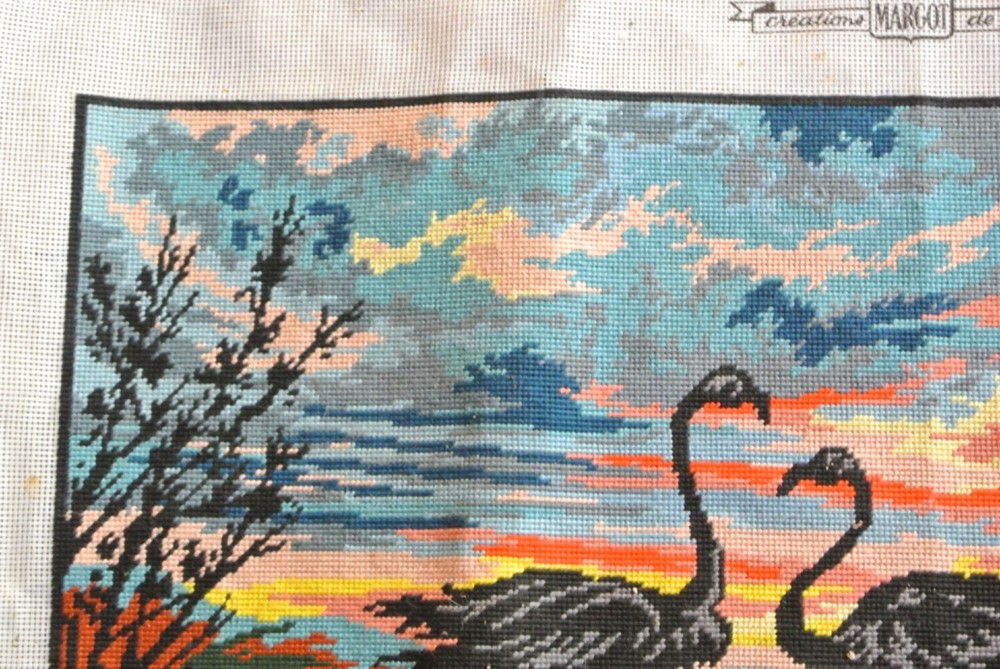 Flamingos in Sunset Completed Needlepoint Vintage