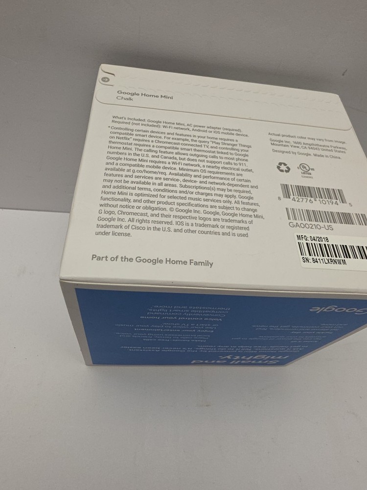 Google Home Mini Smart Speaker with Google Assistant Chalk GA00210-US