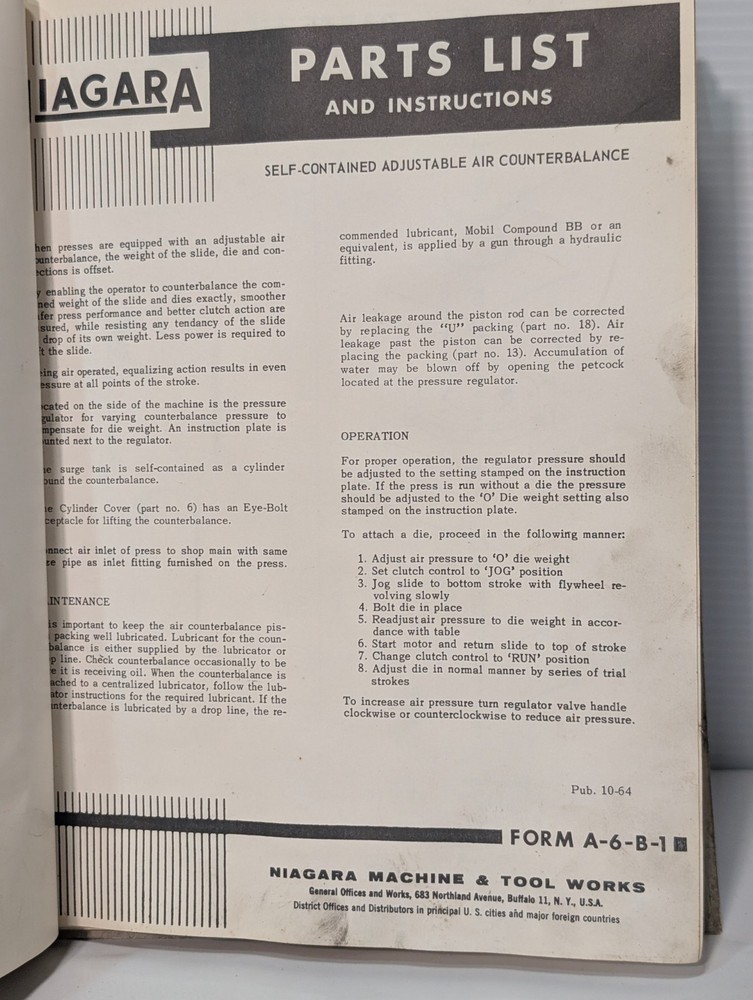 Niagara Machine Manual for E-110 OBI Open Back Inclinable Machine Press