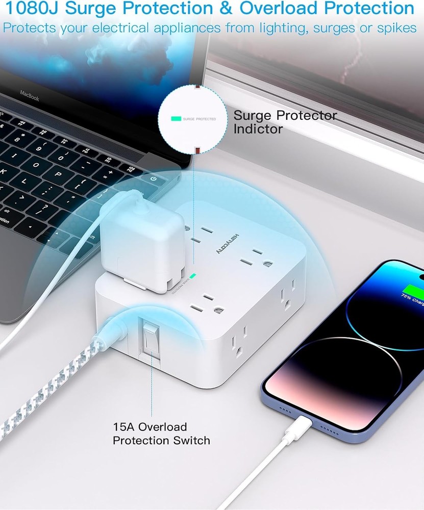 Surge Protector Power Strip USB (2 USB C) Charging Ports, Multi Plug