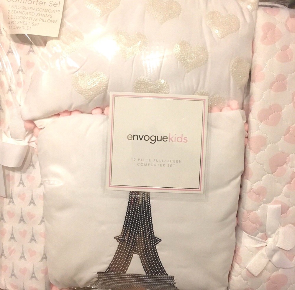 10pc Envogue Paris FULL Comforter Sheet Pillow Set Eiffel Tower Heart Sequins