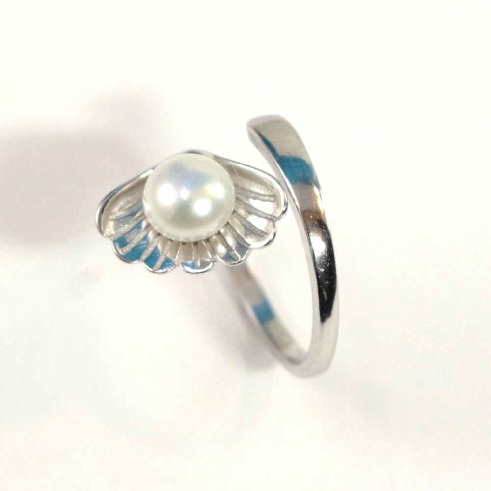 Solid Sterling Silver .925 White Pearl Ring Shell Style Adjustable Ring Size TP