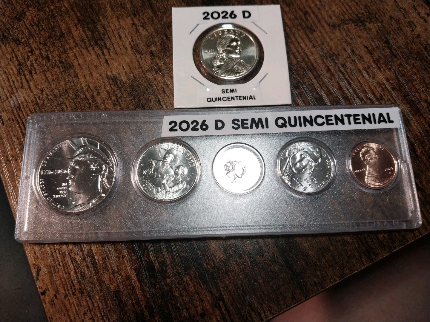 6 COIN SET W/DOLLAR 2026D WITH 2025 D CENT IN HOLDER W/LABELS SEMI QUINCENTENIAL