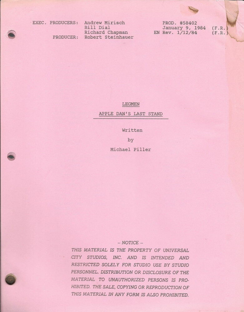 LEGMEN original television script "Apple Dan's Last Stand"