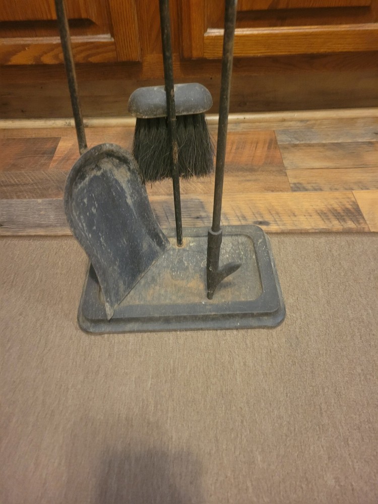 Vintage Antique Solid Brass Hand Forged Fireplace 3 Tools with Stand Set