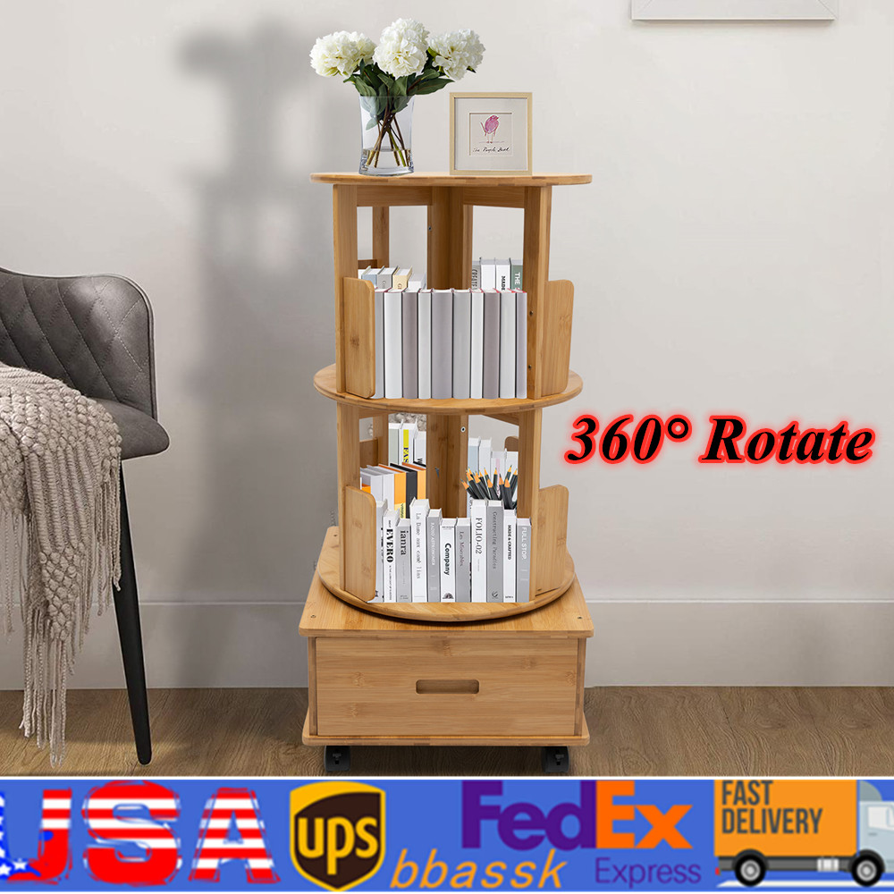 2 Tiers 360?? Rotating End Table Nightstands Bedside Table Bookcase W/ Wheels