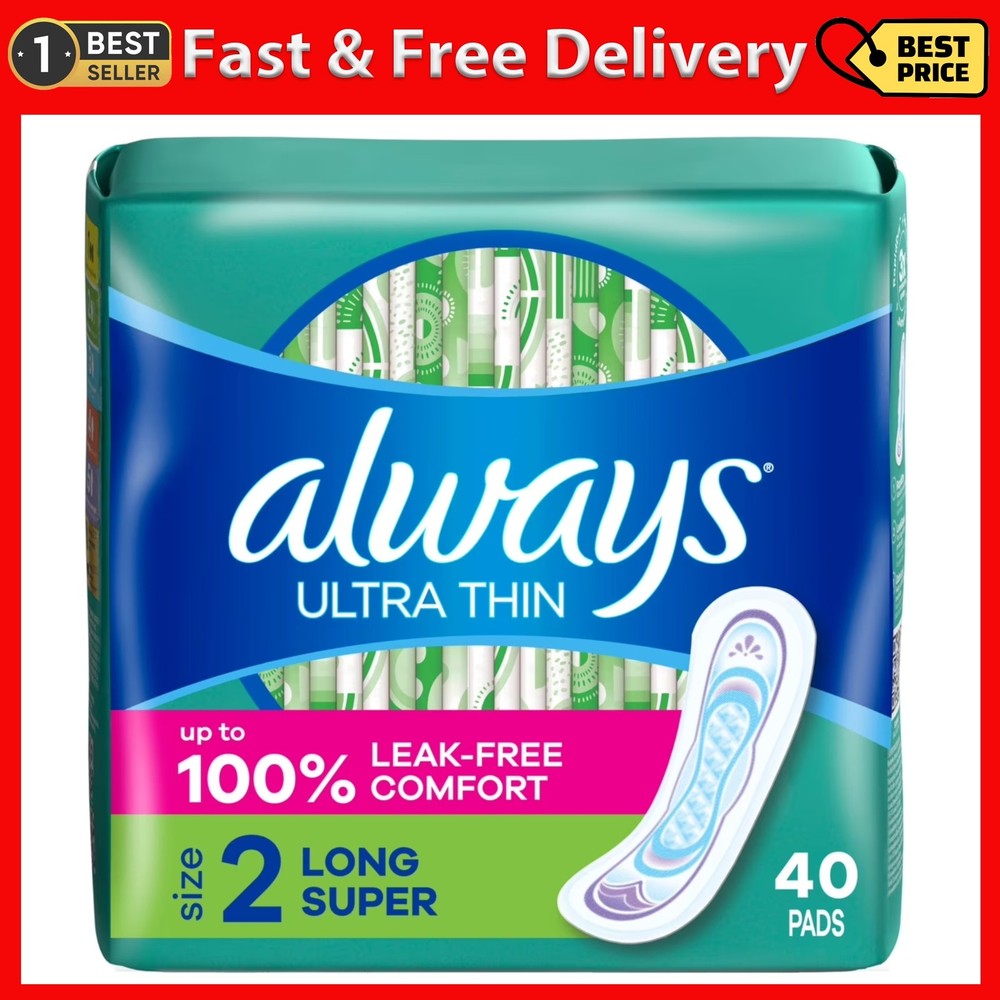 Always Ultra Thin Pads without Wings, Size 2, Long Super Absorbency, 40 Count