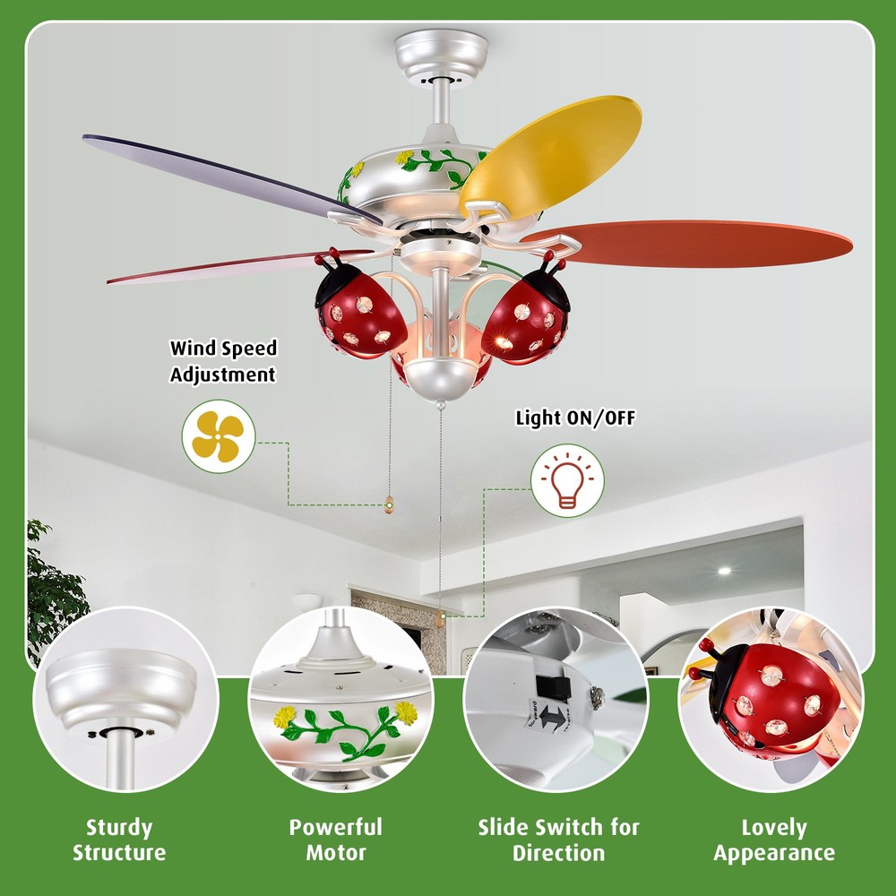52" Ceiling Fan w/Light Kids Fan Light w/Pull Chain Control Beetle Multicolor