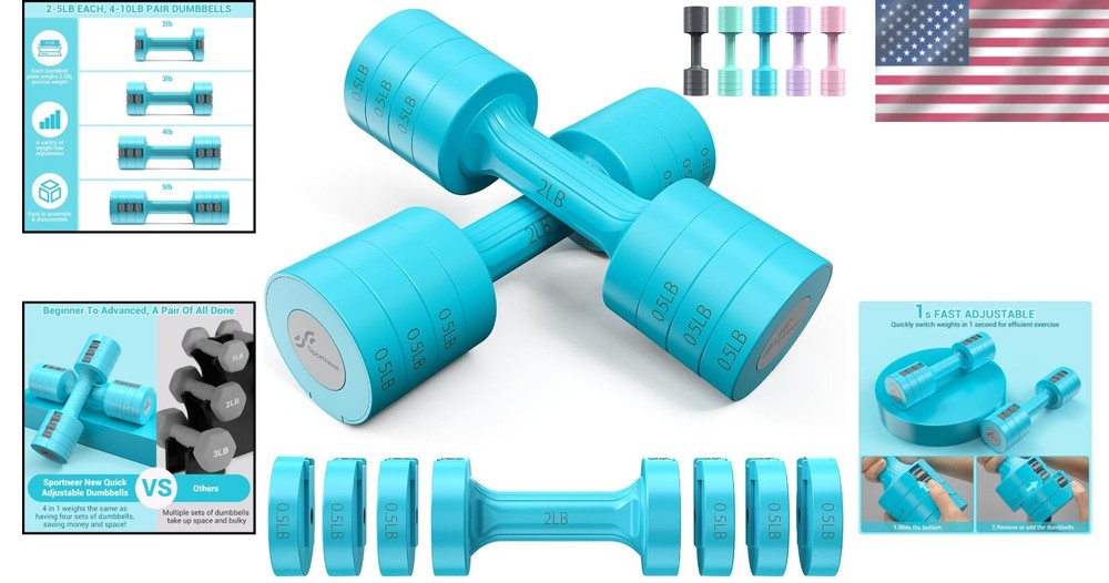 Compact 4-in-1 Adjustable Dumbbell Set: 2-5 lb Weight Pair for Home Workouts