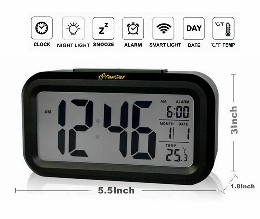 Auto Sensor Large Display Alarm Clock- Low Vision, Night, Light, Bright, Date