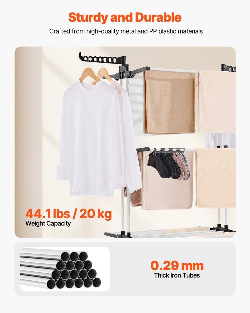 Foldable 4-Tier Drying Rack: 24 Rods, 14 Hooks, 77lb Capacity, Locking Casters