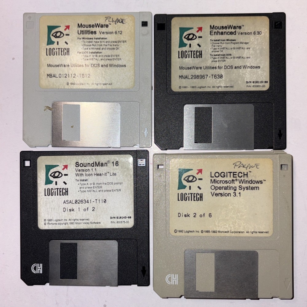 Logitech Floppy Disk Lot Microsoft Windows 3.1, Soundman 16, Mouseware Utilities