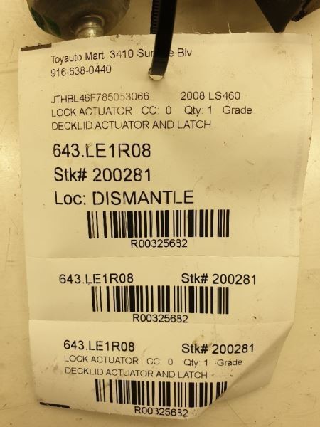 2008 LEXUS LS460 DECKLID ACTUATOR AND LATCH ASSEMBLY