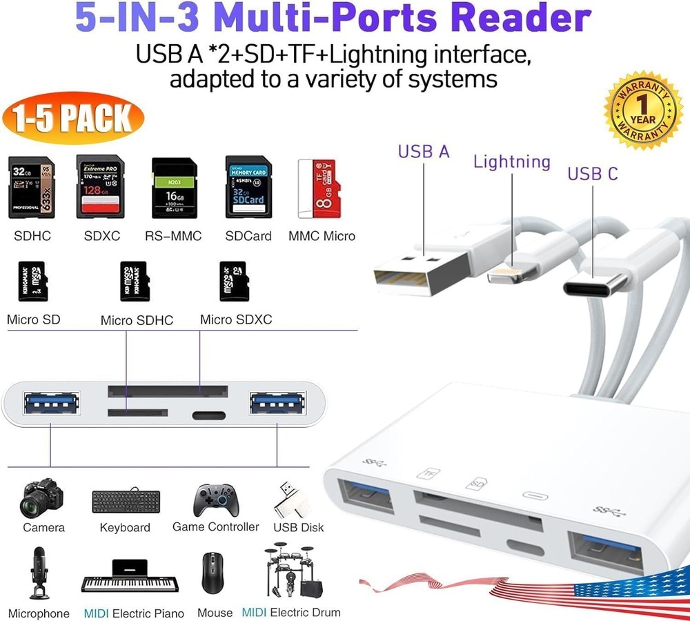 5 in 1 Memory Card Reader USB 3.0 OTG Adapter SD Card Reader For iPhone/iPad US