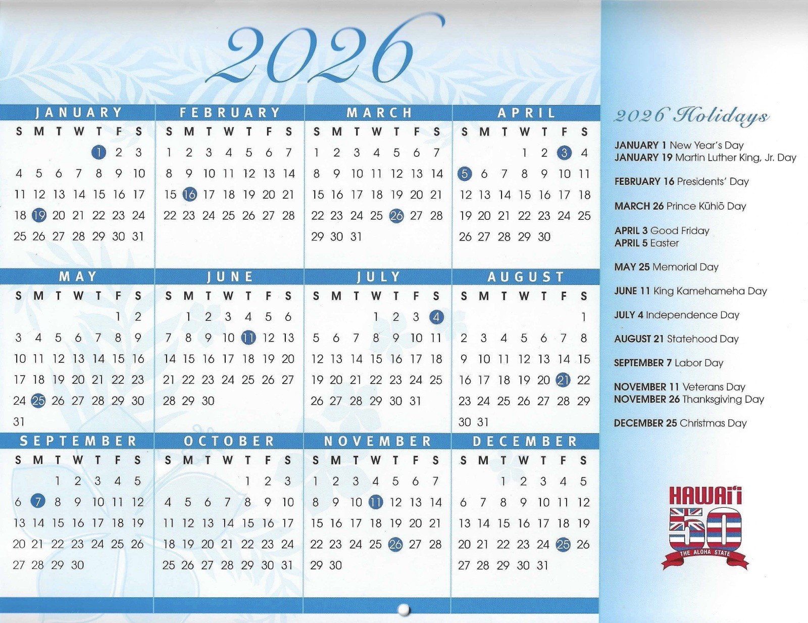 2026 Hawaii Wall Calendar – Scenic Island Photos & Hawaiian Holidays All Year