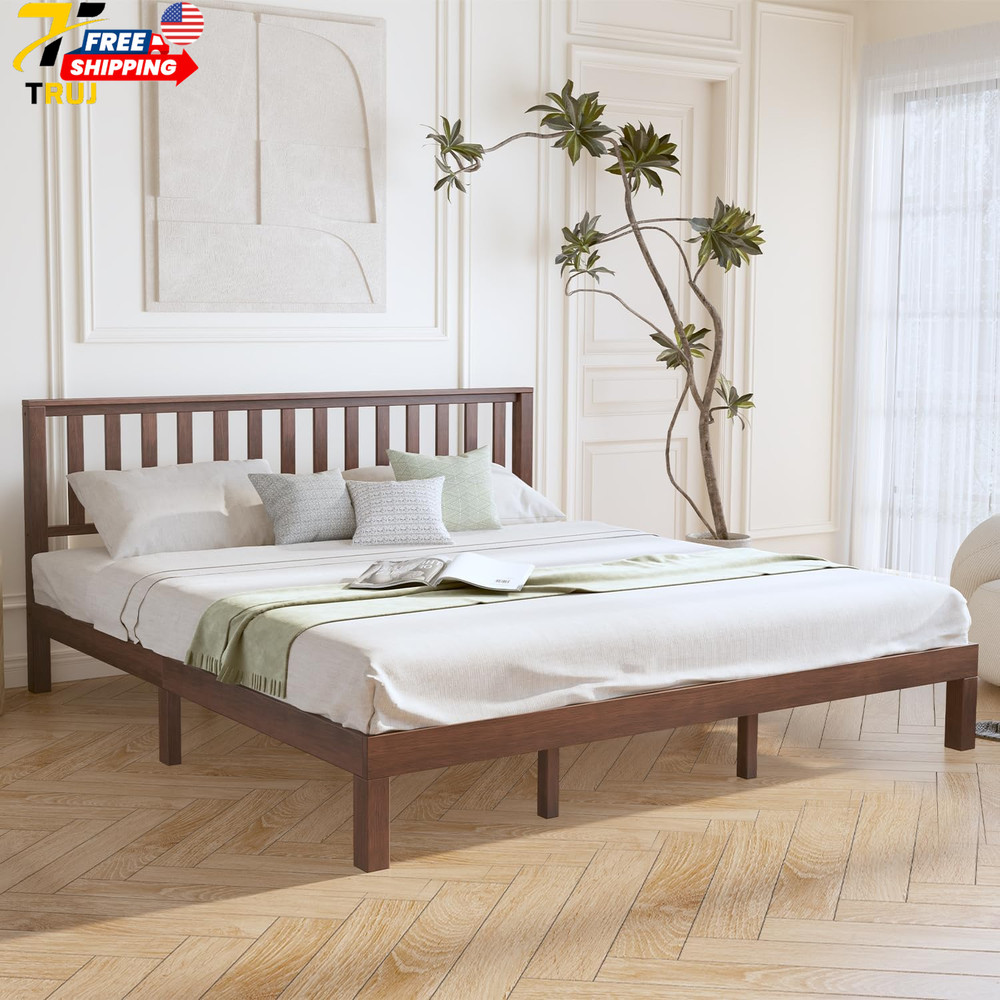 Mid Century King Size Bed Frame with Headboard Solid Wood Easy Assembly Antique