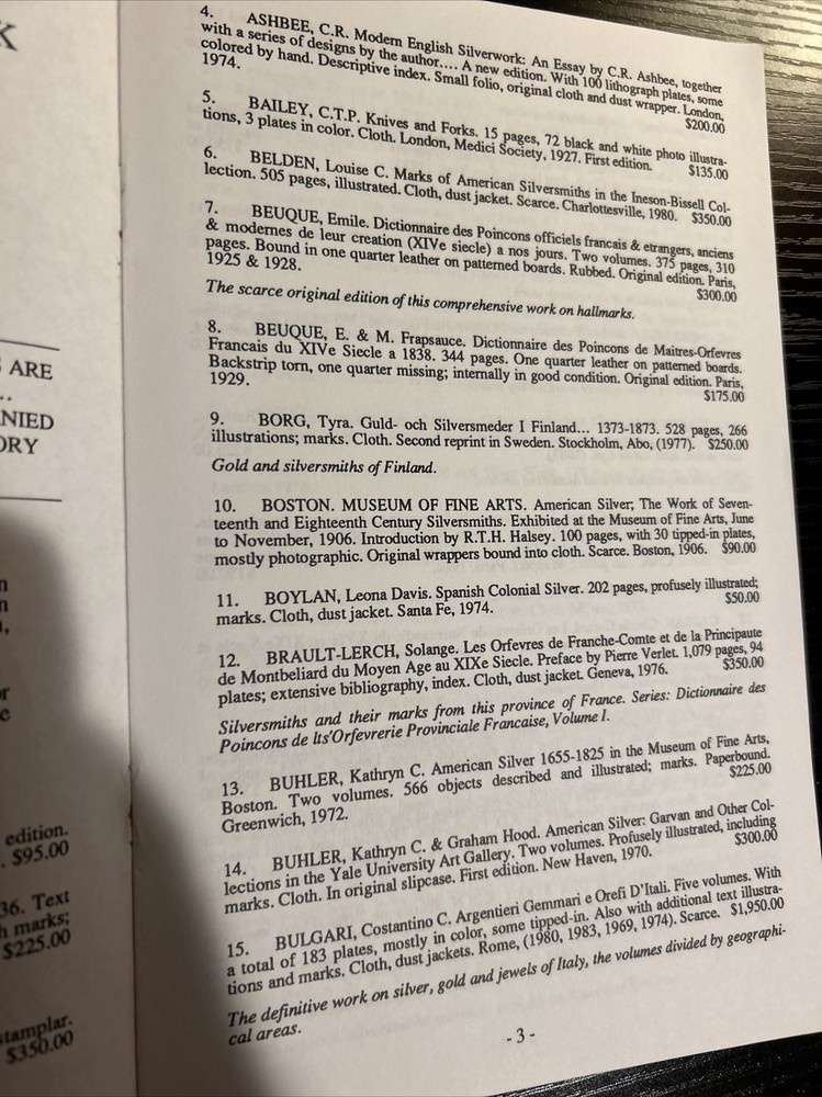 Timothy Trace Booksellers Catalog: Silver # 60