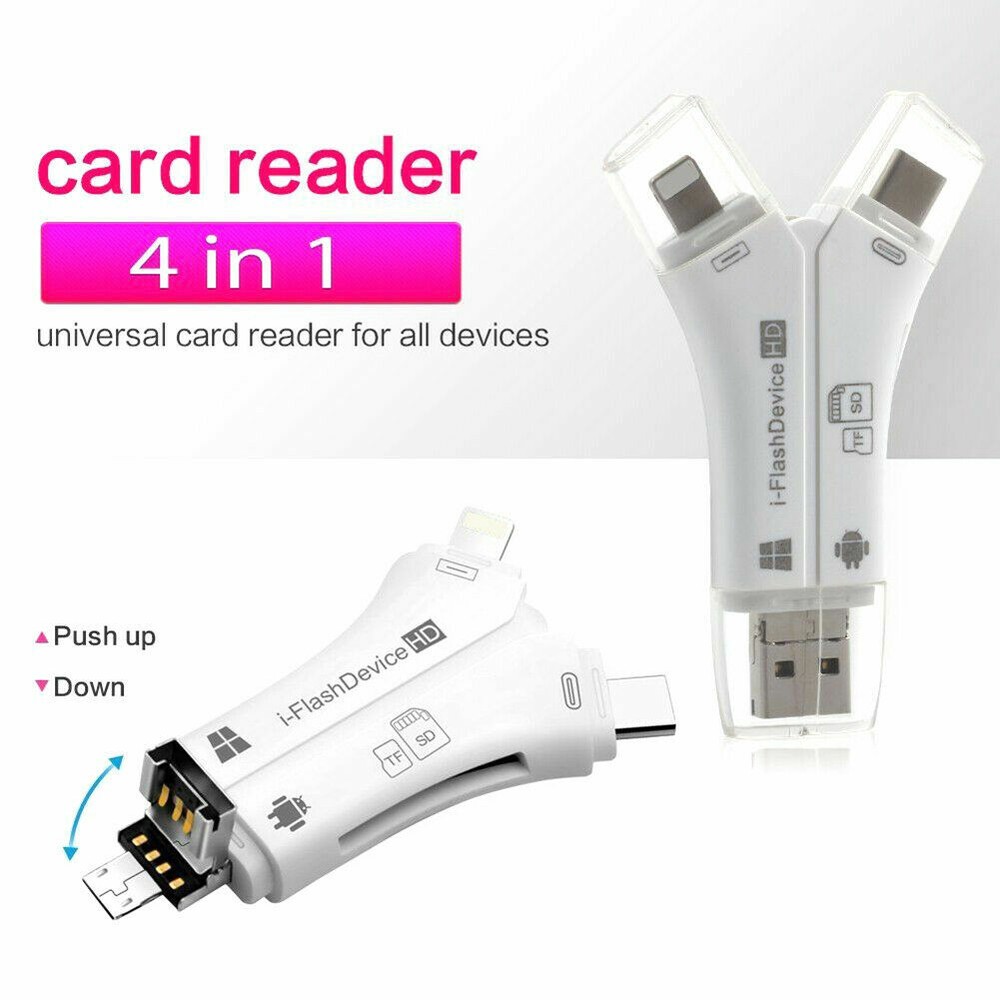 4 in 1 Flash Drive USB Micro SD&TF Card Reader Adapter for iPhone 8 Macbook WHT