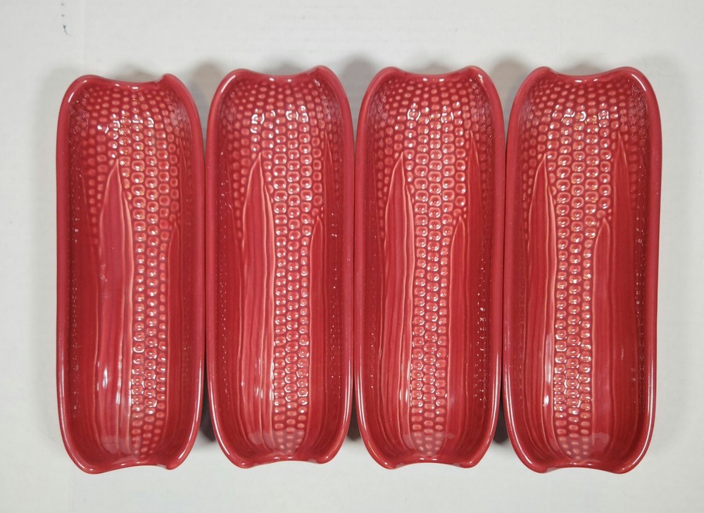 Four (4) Pfaltzgraff Maroon Corn On The Cob Ceramic Footed Holders