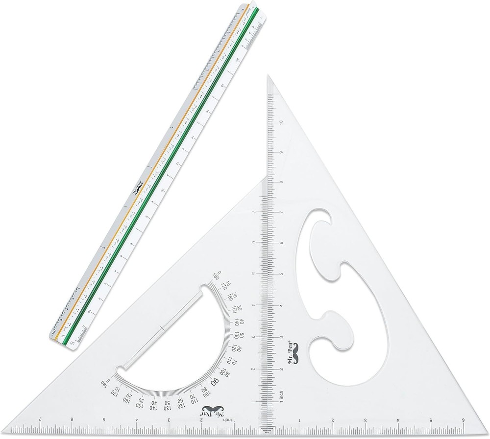 Precision Triangular Ruler Set: 12" Architect's Scale & 30/60, 45/90 Triangles