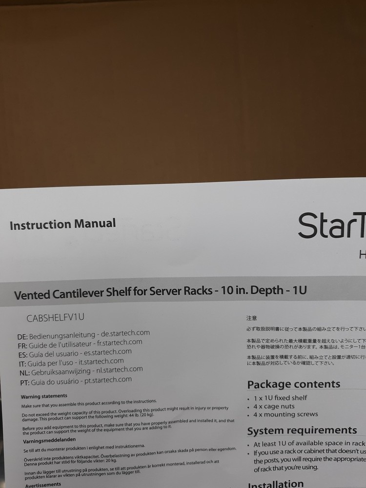 StarTech.com 1U Vented Cantilever Shelf 10" Depth Server Rack Mount CABSHELFV1U