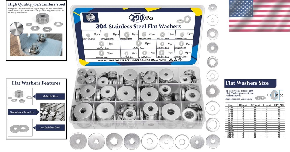 290Pcs Stainless Steel Flat Washers Assortment Kit