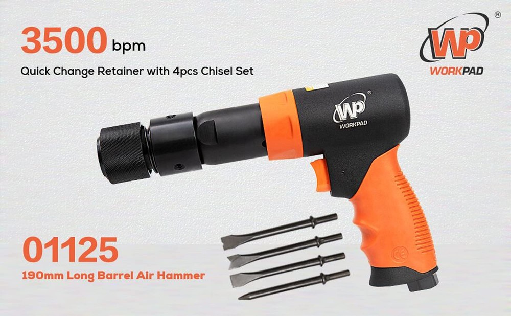 Workpad 190mm Long Barrel Air Hammer With Quick Change Chisel Retainer And 4piec