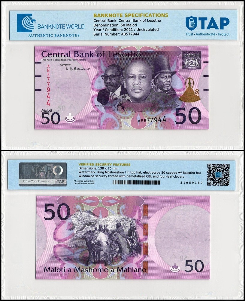 Lesotho 50 Maloti, 2021, P-28, UNC, TAP Authenticated