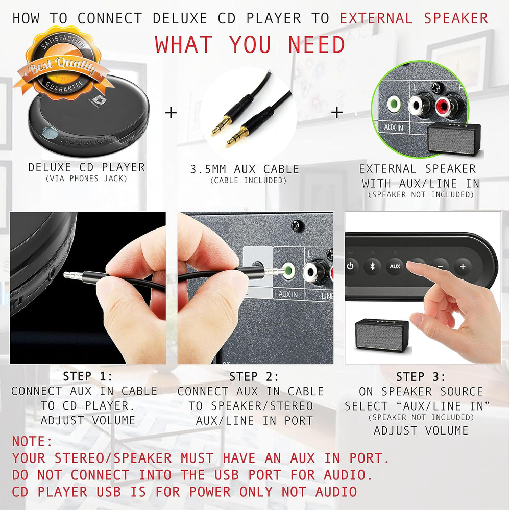 Portable CD Player 60 Second Anti Skip Stereo Earbuds Aux AC USB Cable