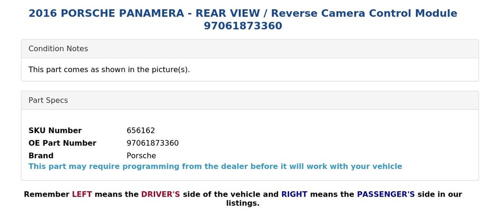 2016 PORSCHE PANAMERA - REAR VIEW / Reverse Camera Control Module 97061873360