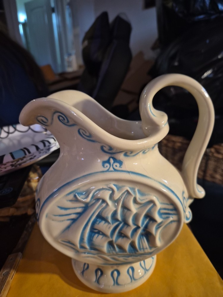 Mccoy Clipper Ship Ceramic Pitcher Blue & Ivory 8”