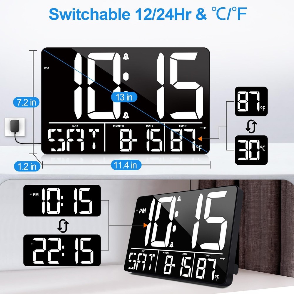 13" Digital Wall Clock Large Display with Remote, 25 Ringtones, Temperature, ...