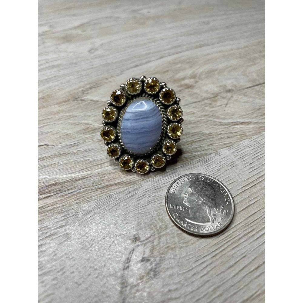 Blue Lace Agate with Citrine Cluster Sterling Silver Ring