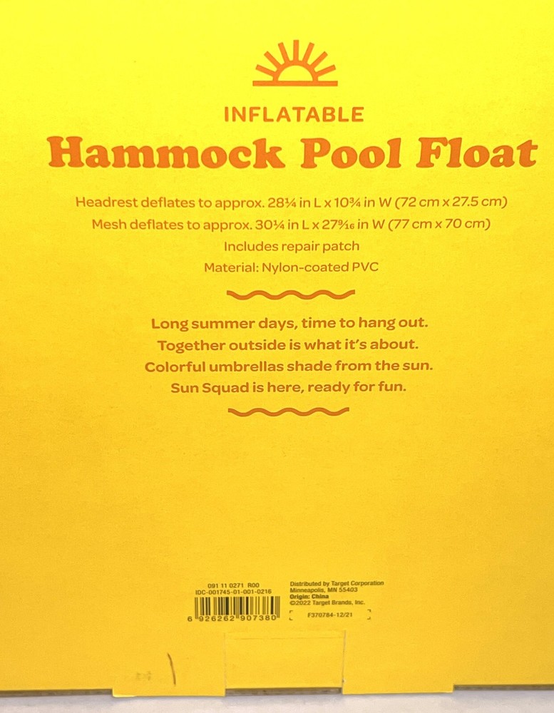 Sun Squad Inflatable Hammock Headrest Pool Float Navy White Over 3ft Long NEW