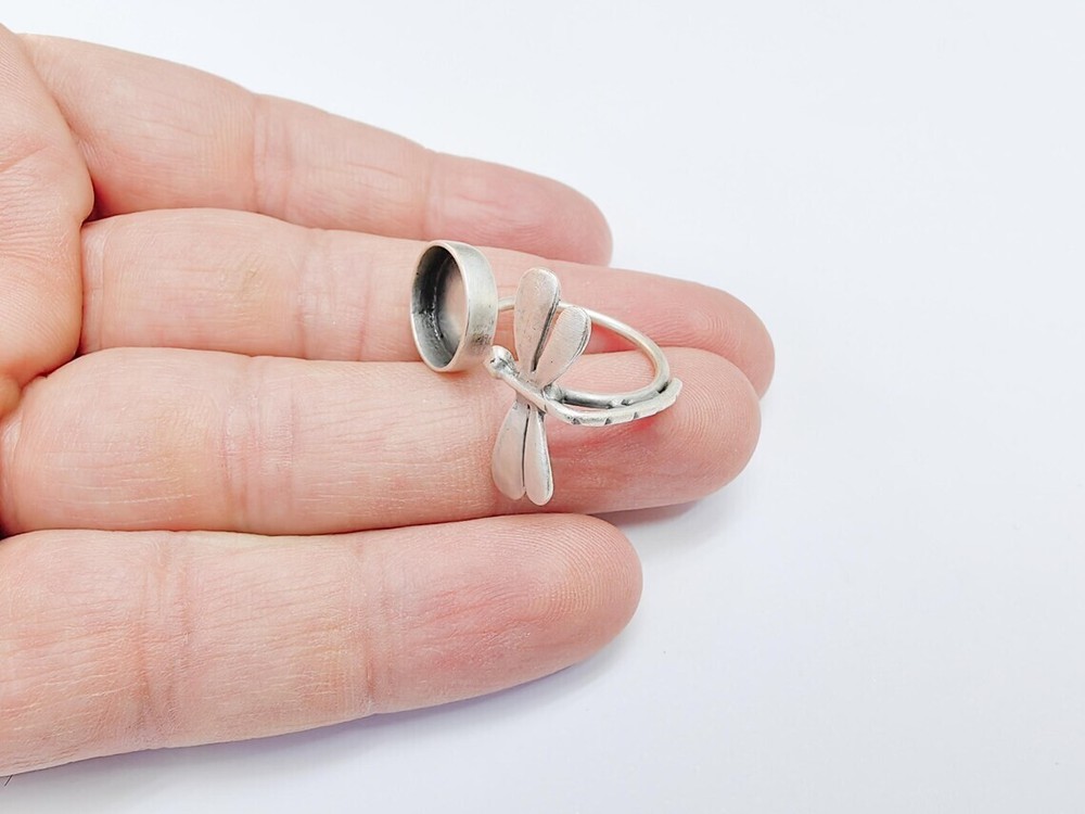 Dragonfly Silver Ring Setting Blank Cabochon Mounting Adjustable 12mm G36734