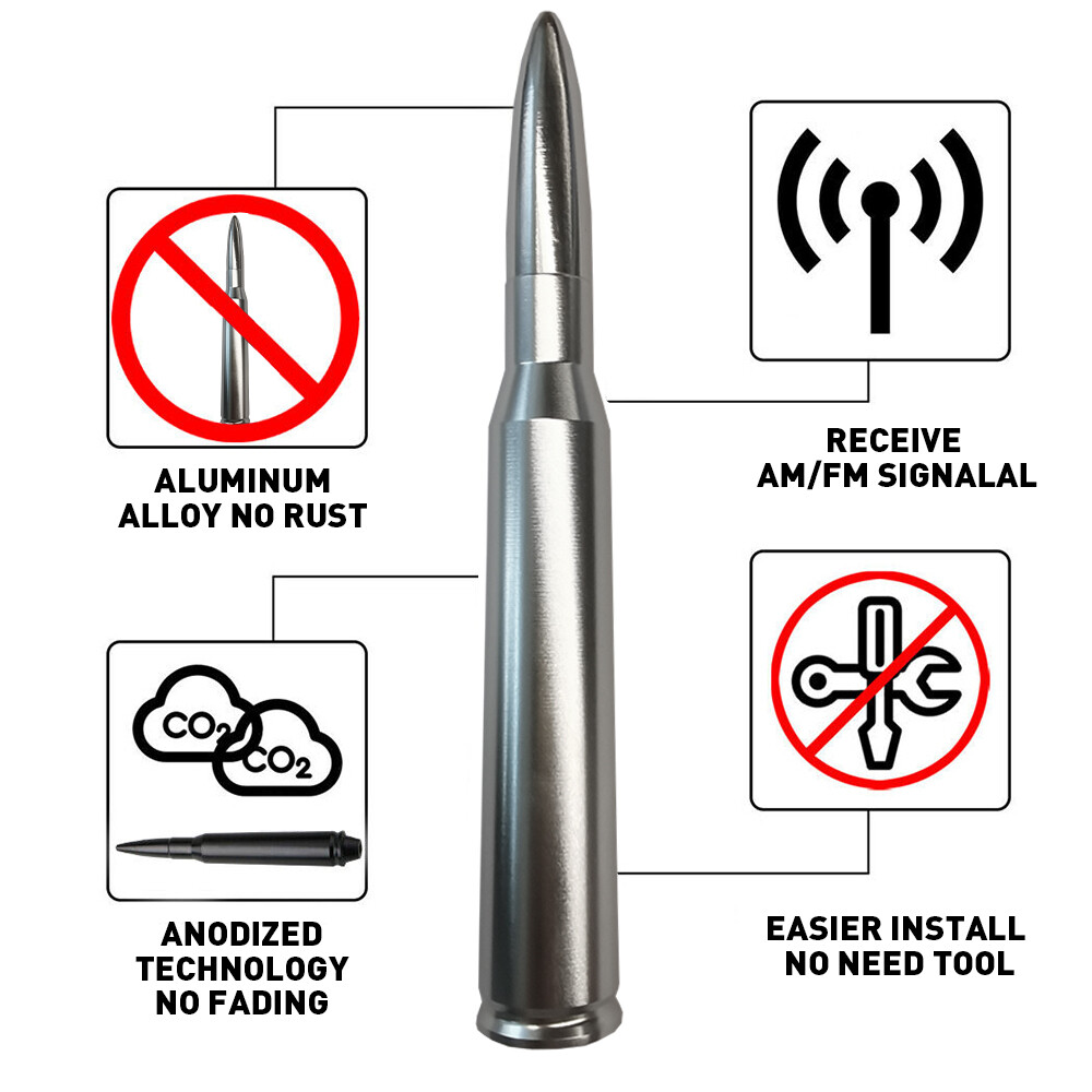 VMS FORD F150 F250 50 CAL CALIBER BULLET ALUMINUM SHORT ANTENNA CHROME SILVER