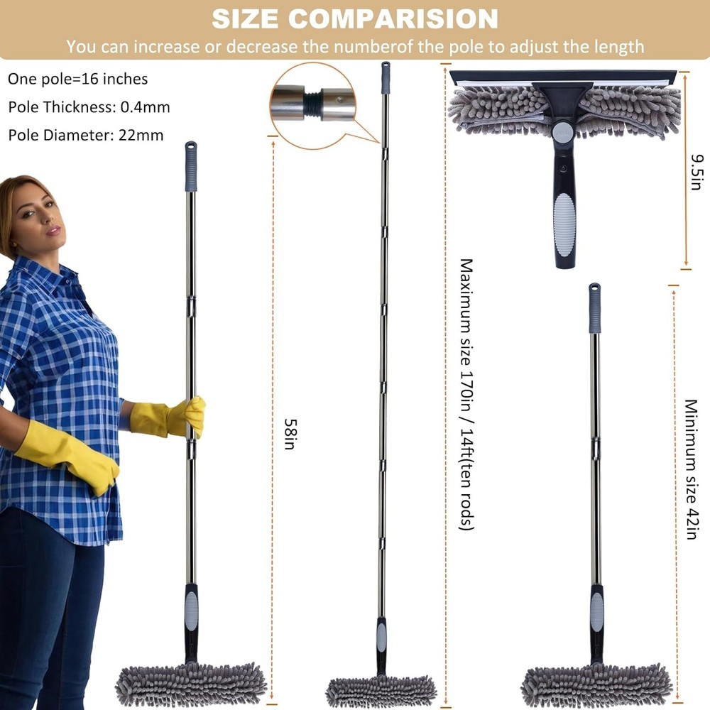 Extendable Window Cleaning Tool - 20 Ft Squeegee & Duster, 3-13 Ft Reach