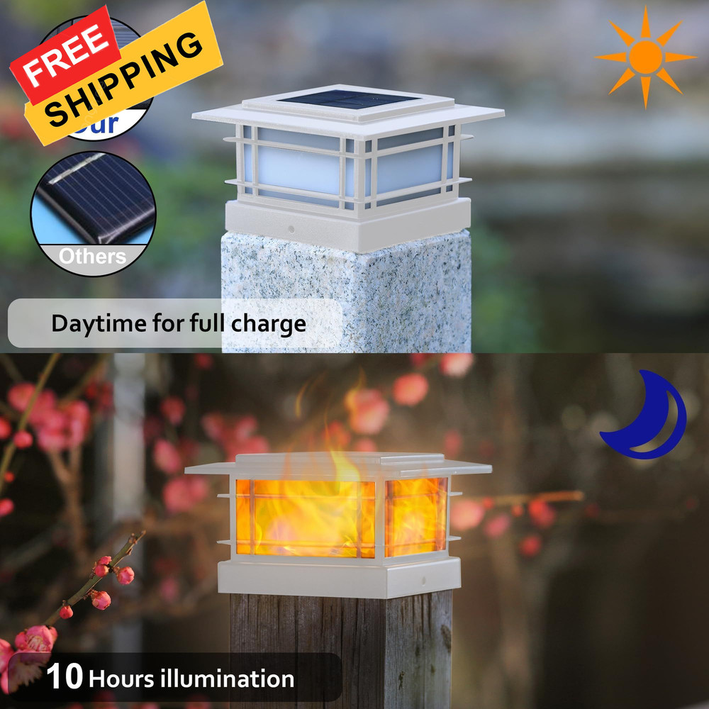Dynaming 4 Pack Solar Post Cap Lights 4 Flickering Flame Lights, White
